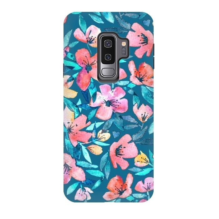 Galaxy S9 plus StrongFit Fresh Watercolor Floral on Teal Blue by Micklyn Le Feuvre