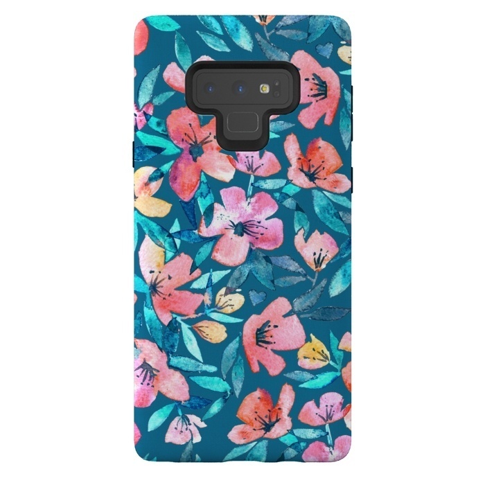Galaxy Note 9 StrongFit Fresh Watercolor Floral on Teal Blue by Micklyn Le Feuvre