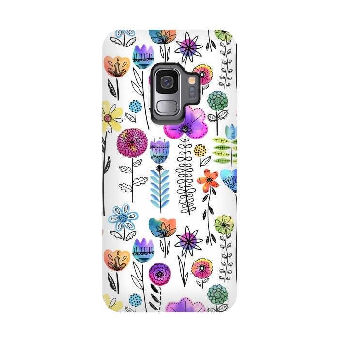 Galaxy S9 StrongFit Bright Watercolor and Line Art Flowers by Noonday Design