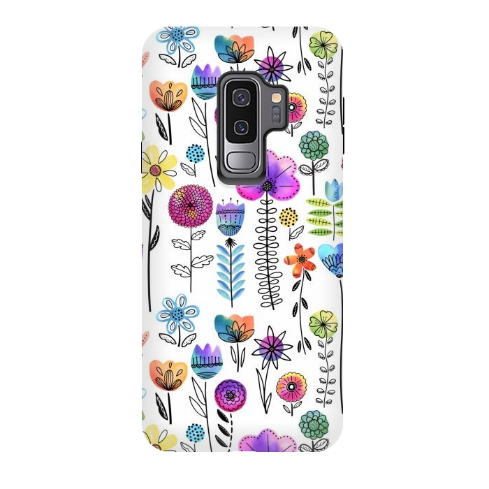 Galaxy S9 plus StrongFit Bright Watercolor and Line Art Flowers by Noonday Design