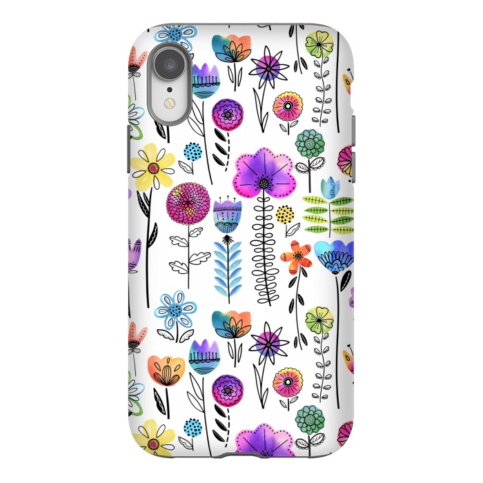 iPhone Xr StrongFit Bright Watercolor and Line Art Flowers by Noonday Design