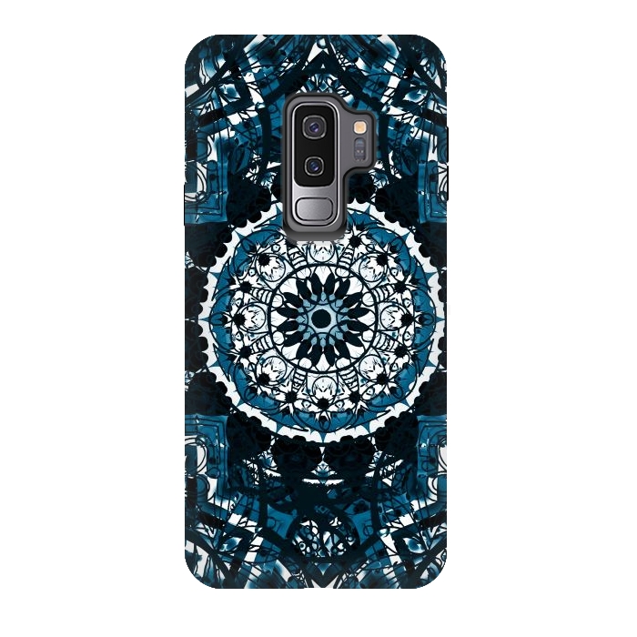 Galaxy S9 plus StrongFit Black blue ethnic geometric mandala by Oana 