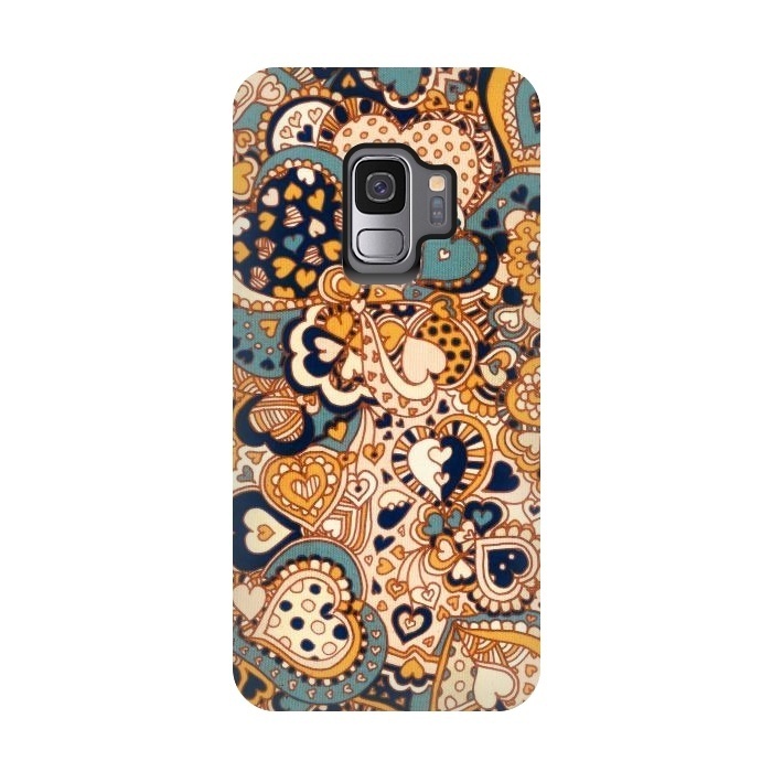 Galaxy S9 StrongFit Heart Doodles in Mustard and Teal by Micklyn Le Feuvre