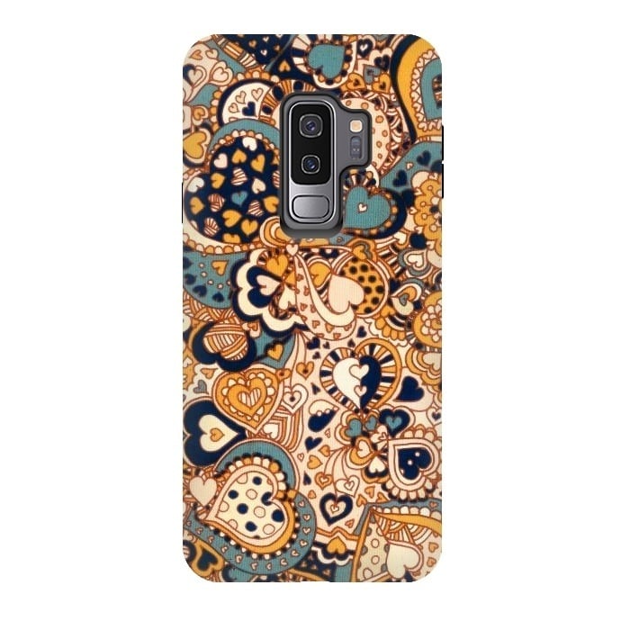 Galaxy S9 plus StrongFit Heart Doodles in Mustard and Teal by Micklyn Le Feuvre
