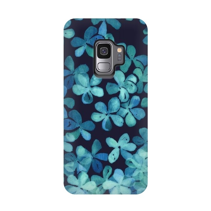 Galaxy S9 StrongFit Hand Painted Floral Pattern in Teal & Navy Blue by Micklyn Le Feuvre