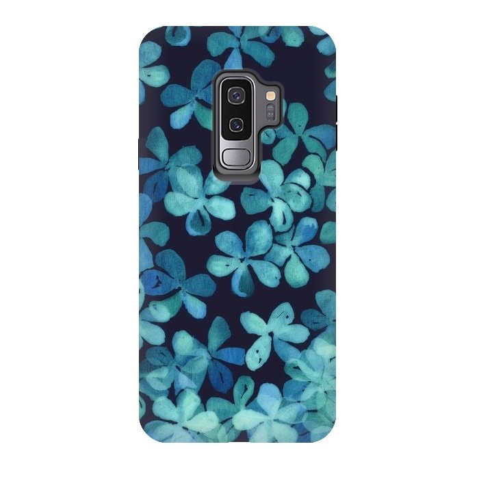 Galaxy S9 plus StrongFit Hand Painted Floral Pattern in Teal & Navy Blue by Micklyn Le Feuvre