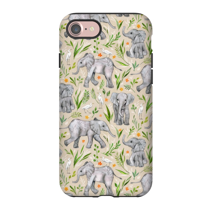 iPhone 7 StrongFit Little Watercolor Elephants and Egrets on Neutral Cream by Micklyn Le Feuvre