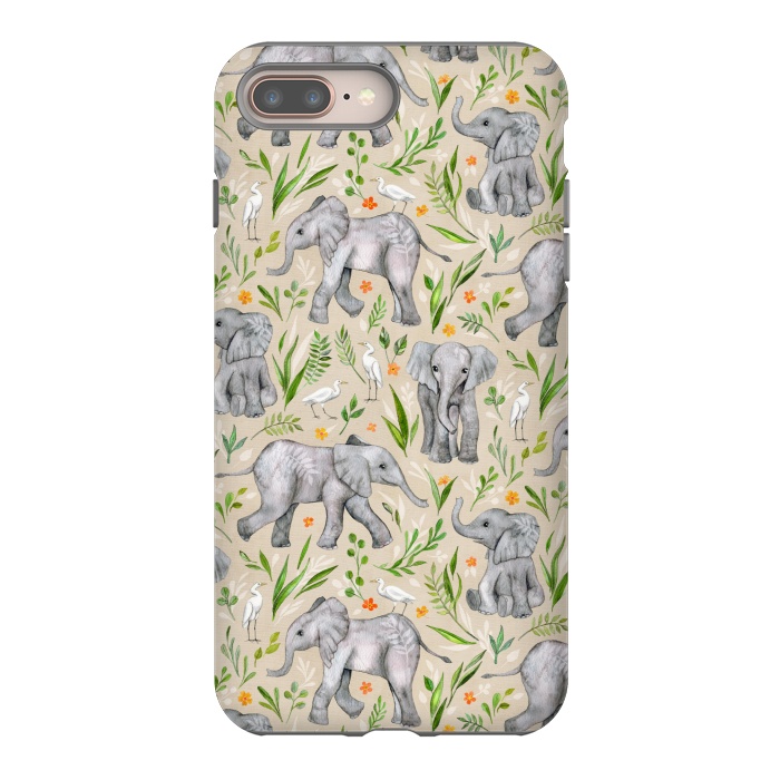 iPhone 7 plus StrongFit Little Watercolor Elephants and Egrets on Neutral Cream by Micklyn Le Feuvre