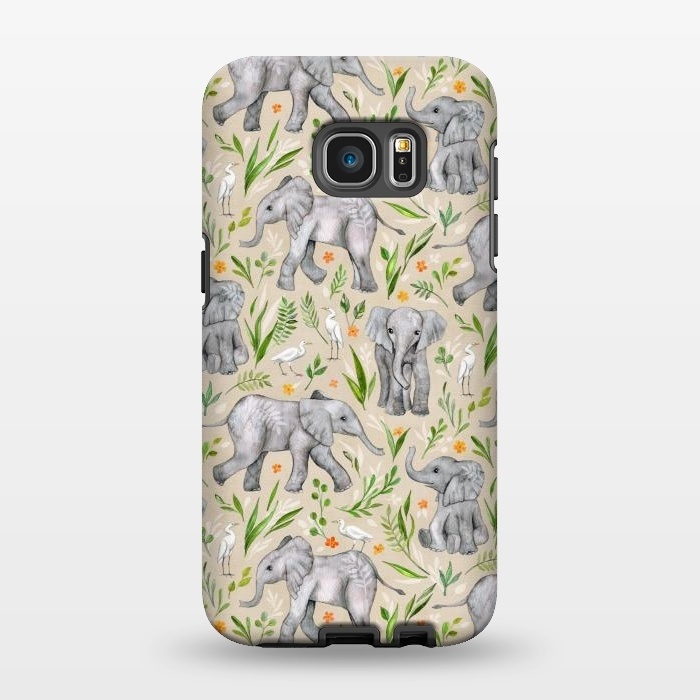 Galaxy S7 EDGE StrongFit Little Watercolor Elephants and Egrets on Neutral Cream by Micklyn Le Feuvre
