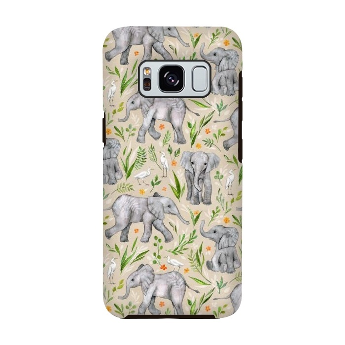 Galaxy S8 StrongFit Little Watercolor Elephants and Egrets on Neutral Cream by Micklyn Le Feuvre