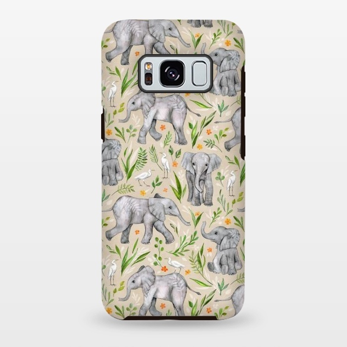 Galaxy S8 plus StrongFit Little Watercolor Elephants and Egrets on Neutral Cream by Micklyn Le Feuvre