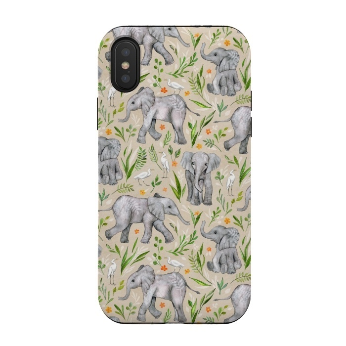 iPhone Xs / X StrongFit Little Watercolor Elephants and Egrets on Neutral Cream by Micklyn Le Feuvre