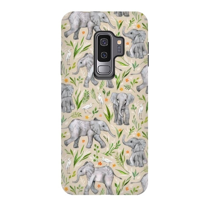 Galaxy S9 plus StrongFit Little Watercolor Elephants and Egrets on Neutral Cream by Micklyn Le Feuvre