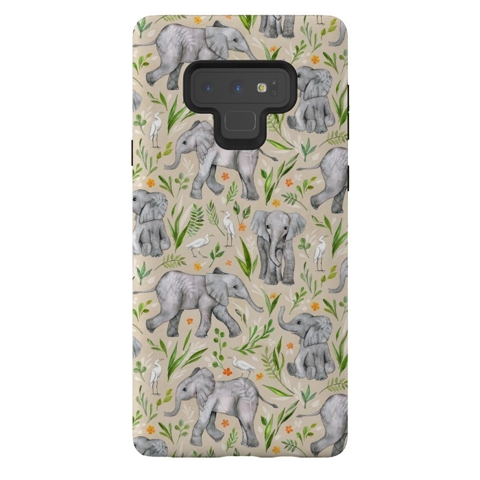 Galaxy Note 9 StrongFit Little Watercolor Elephants and Egrets on Neutral Cream by Micklyn Le Feuvre