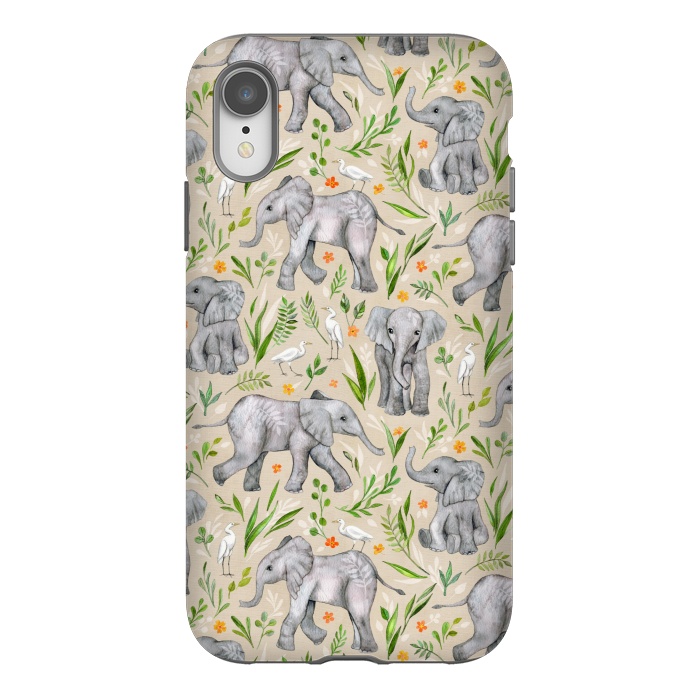 iPhone Xr StrongFit Little Watercolor Elephants and Egrets on Neutral Cream by Micklyn Le Feuvre