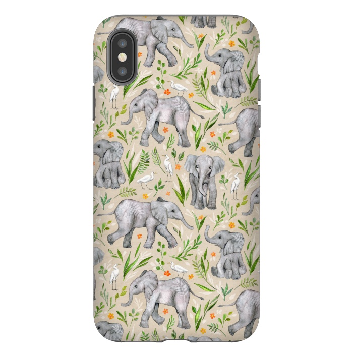 iPhone Xs Max StrongFit Little Watercolor Elephants and Egrets on Neutral Cream by Micklyn Le Feuvre