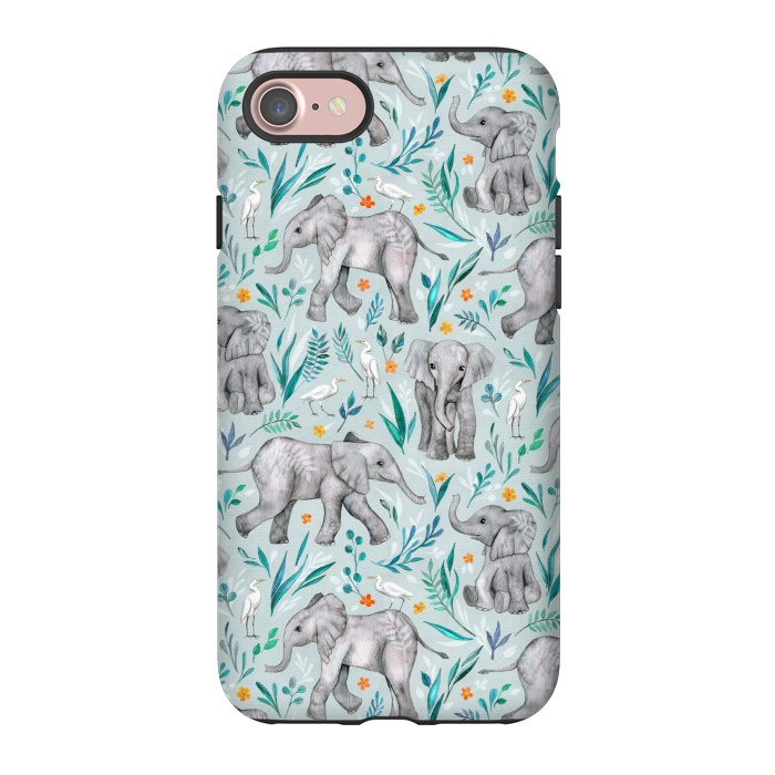 iPhone 7 StrongFit Little Watercolor Elephants and Egrets on Light Blue by Micklyn Le Feuvre