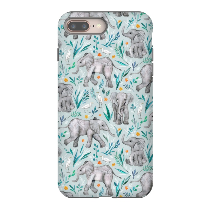 iPhone 7 plus StrongFit Little Watercolor Elephants and Egrets on Light Blue by Micklyn Le Feuvre
