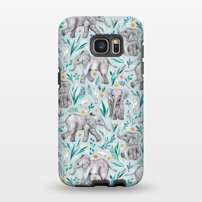 Galaxy S7 EDGE StrongFit Little Watercolor Elephants and Egrets on Light Blue by Micklyn Le Feuvre