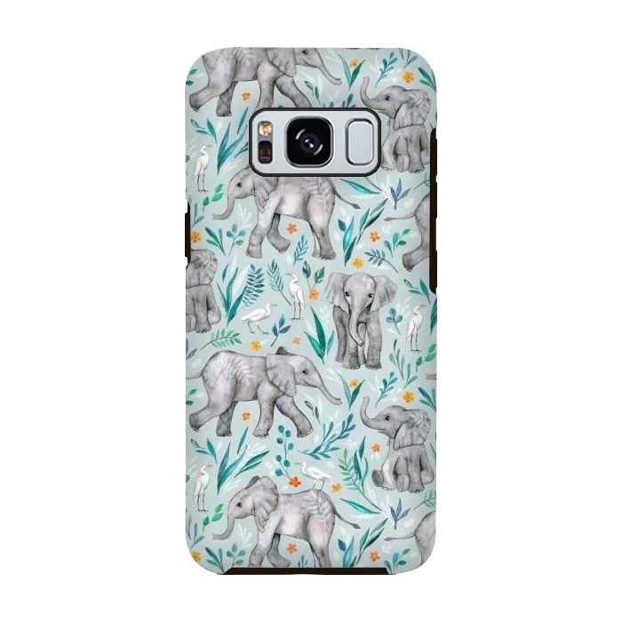 Galaxy S8 StrongFit Little Watercolor Elephants and Egrets on Light Blue by Micklyn Le Feuvre