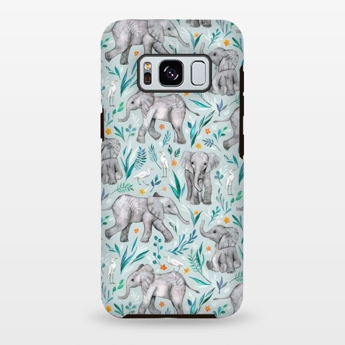 Galaxy S8 plus StrongFit Little Watercolor Elephants and Egrets on Light Blue by Micklyn Le Feuvre