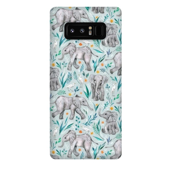 Galaxy Note 8 StrongFit Little Watercolor Elephants and Egrets on Light Blue by Micklyn Le Feuvre