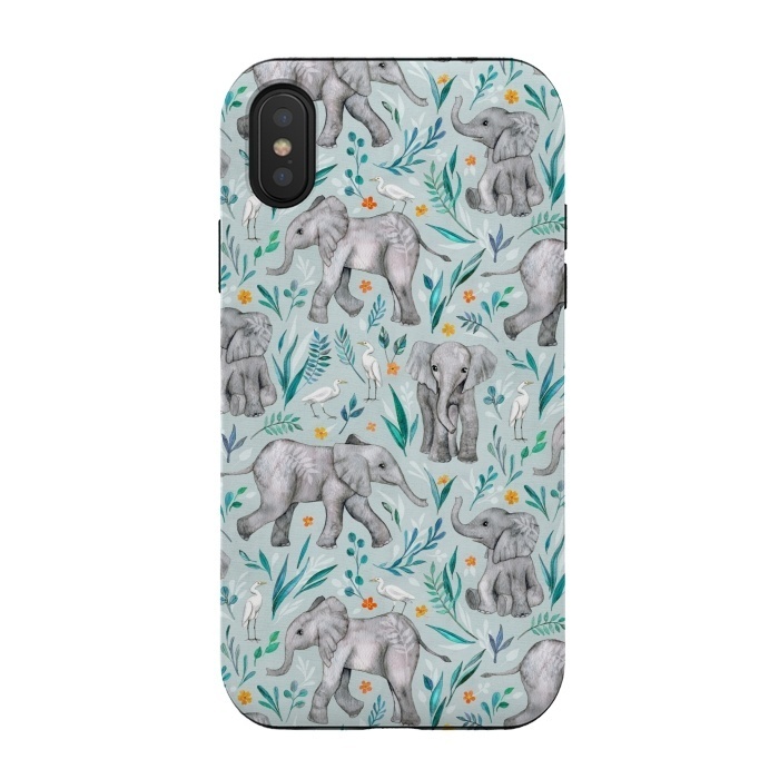 iPhone Xs / X StrongFit Little Watercolor Elephants and Egrets on Light Blue by Micklyn Le Feuvre