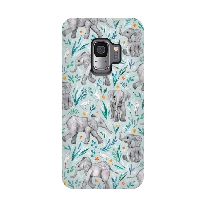 Galaxy S9 StrongFit Little Watercolor Elephants and Egrets on Light Blue by Micklyn Le Feuvre