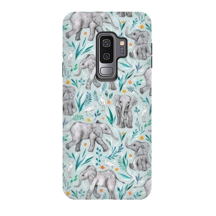 Galaxy S9 plus StrongFit Little Watercolor Elephants and Egrets on Light Blue by Micklyn Le Feuvre