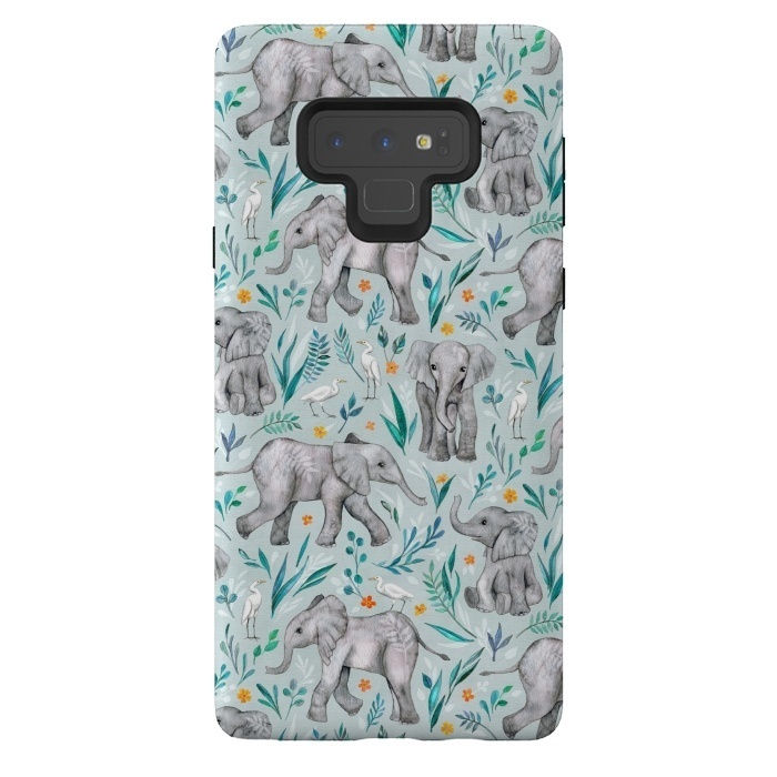 Galaxy Note 9 StrongFit Little Watercolor Elephants and Egrets on Light Blue by Micklyn Le Feuvre