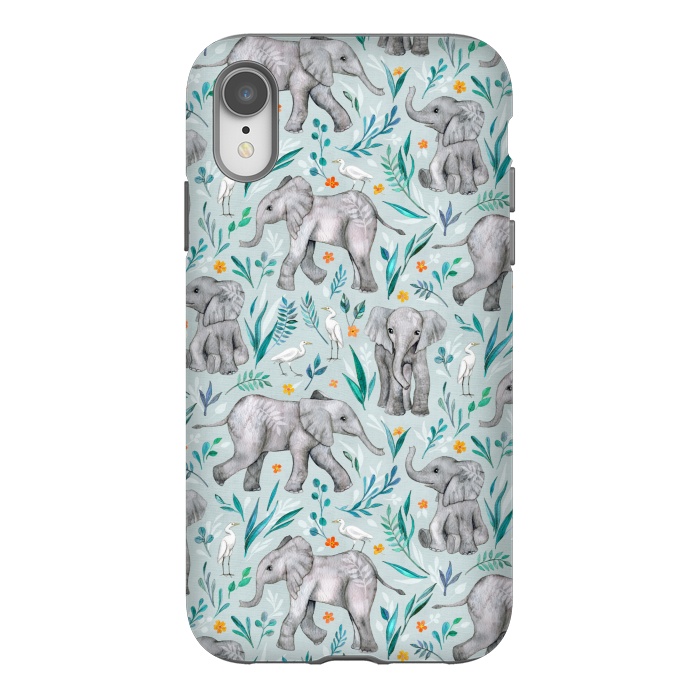 iPhone Xr StrongFit Little Watercolor Elephants and Egrets on Light Blue by Micklyn Le Feuvre