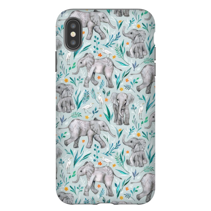 iPhone Xs Max StrongFit Little Watercolor Elephants and Egrets on Light Blue by Micklyn Le Feuvre