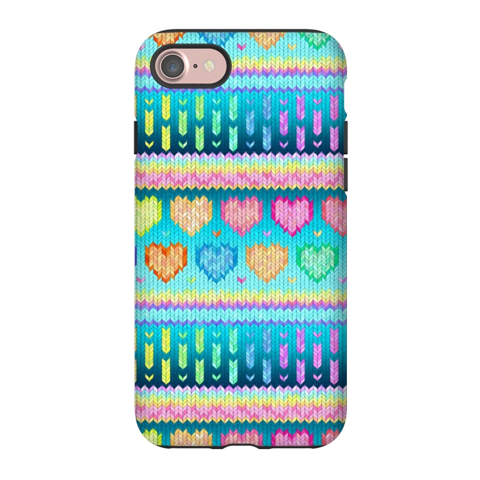 iPhone 7 StrongFit Cozy Knit with Rainbow Hearts on Teal Blue by Micklyn Le Feuvre