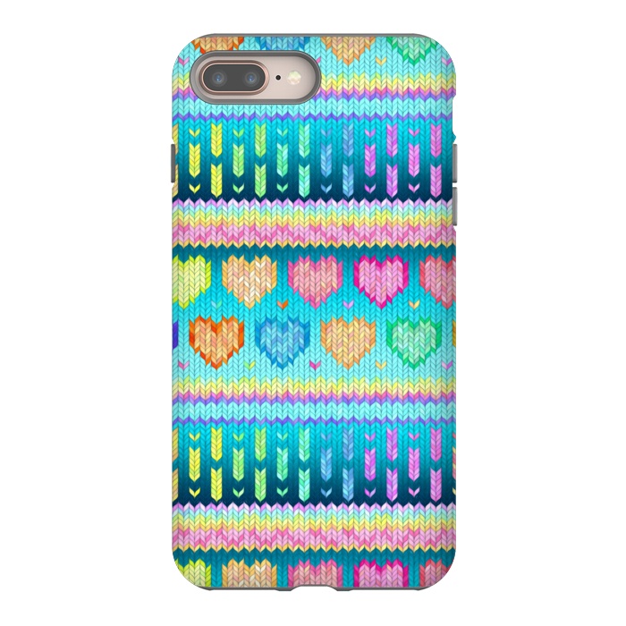 iPhone 7 plus StrongFit Cozy Knit with Rainbow Hearts on Teal Blue by Micklyn Le Feuvre