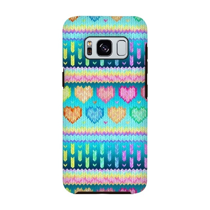 Galaxy S8 StrongFit Cozy Knit with Rainbow Hearts on Teal Blue by Micklyn Le Feuvre