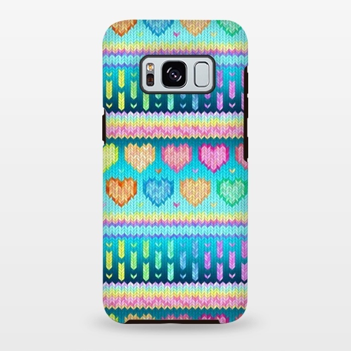 Galaxy S8 plus StrongFit Cozy Knit with Rainbow Hearts on Teal Blue by Micklyn Le Feuvre