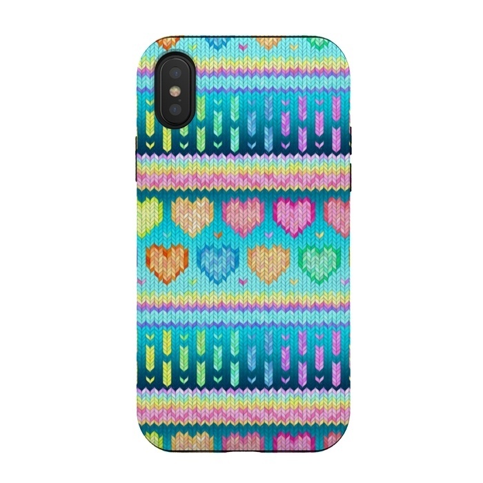 iPhone Xs / X StrongFit Cozy Knit with Rainbow Hearts on Teal Blue by Micklyn Le Feuvre