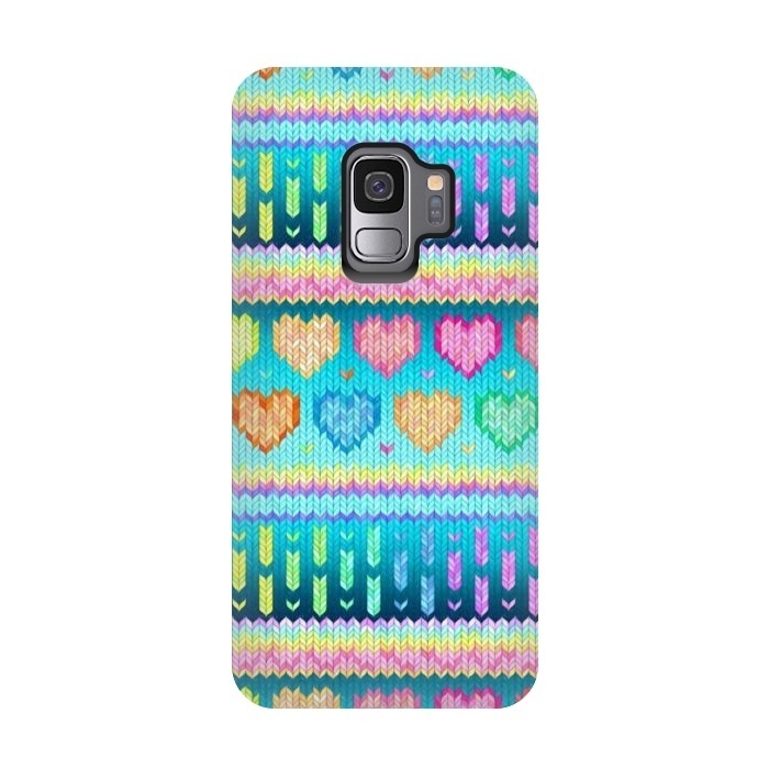 Galaxy S9 StrongFit Cozy Knit with Rainbow Hearts on Teal Blue by Micklyn Le Feuvre