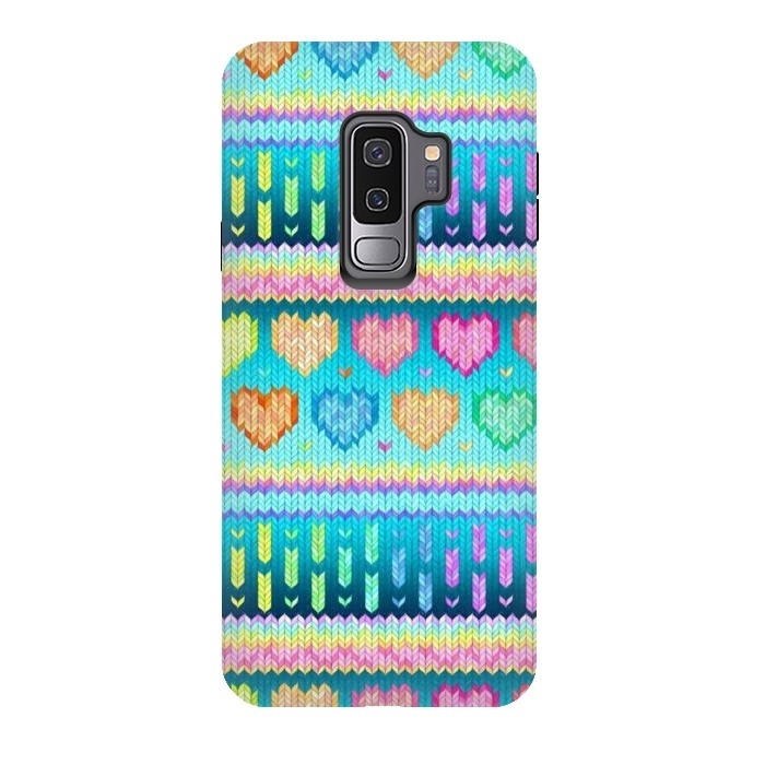 Galaxy S9 plus StrongFit Cozy Knit with Rainbow Hearts on Teal Blue by Micklyn Le Feuvre