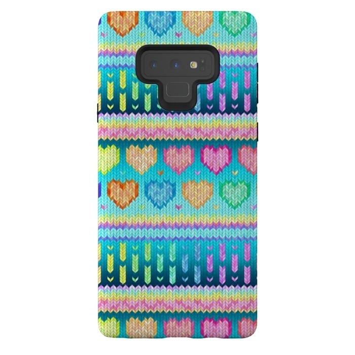 Galaxy Note 9 StrongFit Cozy Knit with Rainbow Hearts on Teal Blue by Micklyn Le Feuvre