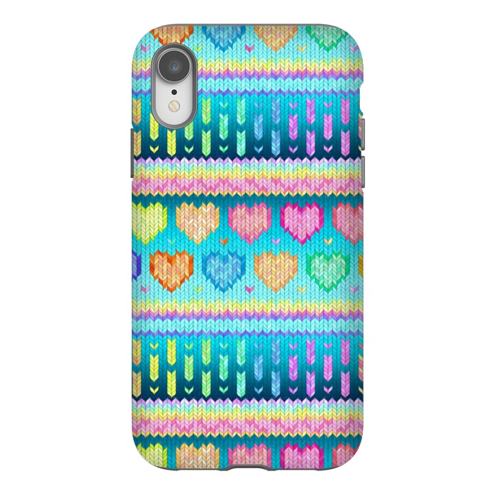 iPhone Xr StrongFit Cozy Knit with Rainbow Hearts on Teal Blue by Micklyn Le Feuvre