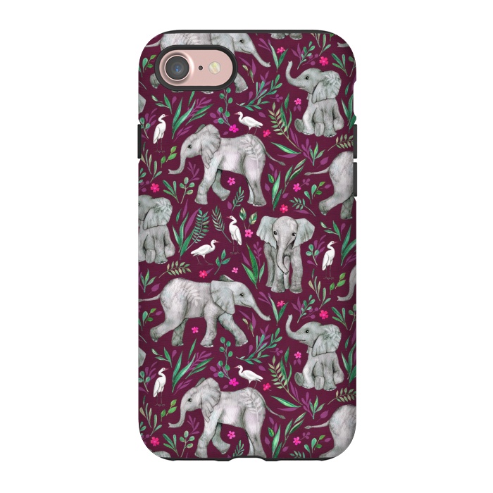 iPhone 7 StrongFit Little Watercolor Elephants and Egrets on Burgundy Red by Micklyn Le Feuvre
