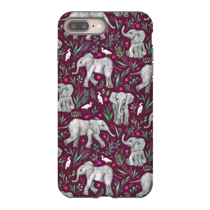 iPhone 7 plus StrongFit Little Watercolor Elephants and Egrets on Burgundy Red by Micklyn Le Feuvre