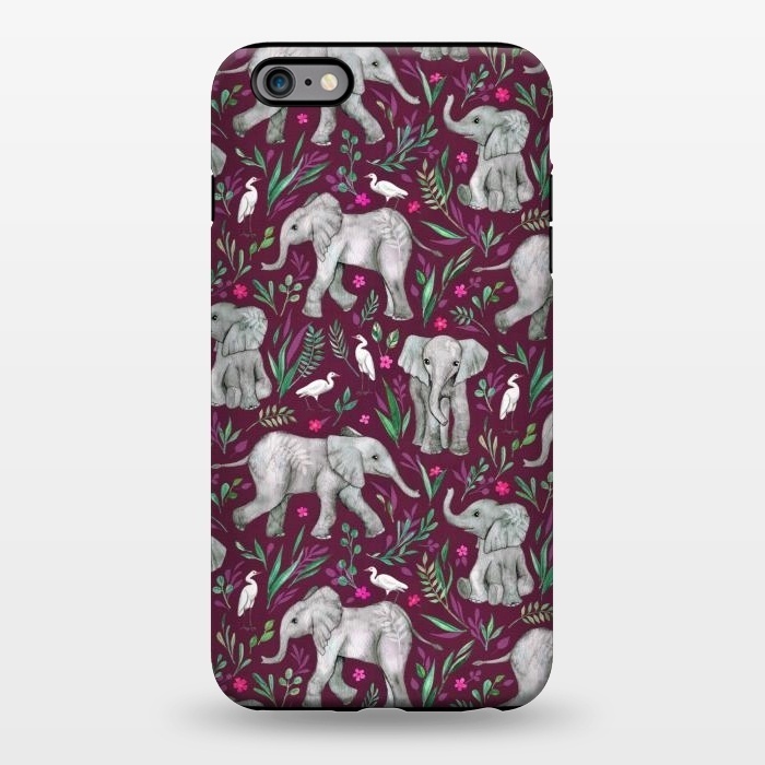 iPhone 6/6s plus StrongFit Little Watercolor Elephants and Egrets on Burgundy Red by Micklyn Le Feuvre