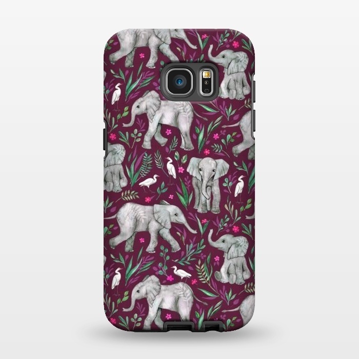 Galaxy S7 EDGE StrongFit Little Watercolor Elephants and Egrets on Burgundy Red by Micklyn Le Feuvre