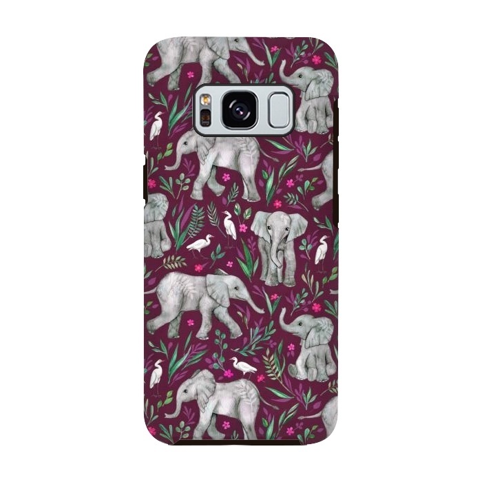 Galaxy S8 StrongFit Little Watercolor Elephants and Egrets on Burgundy Red by Micklyn Le Feuvre
