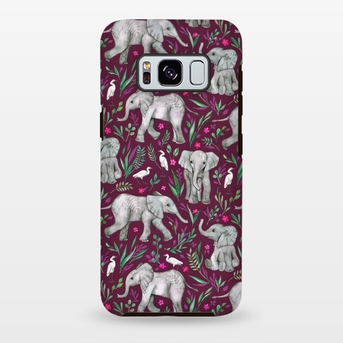 Galaxy S8 plus StrongFit Little Watercolor Elephants and Egrets on Burgundy Red by Micklyn Le Feuvre