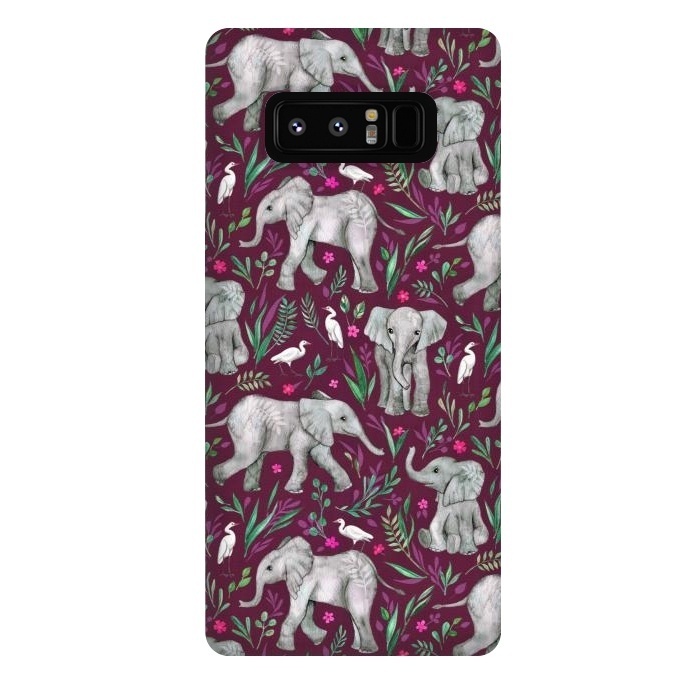 Galaxy Note 8 StrongFit Little Watercolor Elephants and Egrets on Burgundy Red by Micklyn Le Feuvre