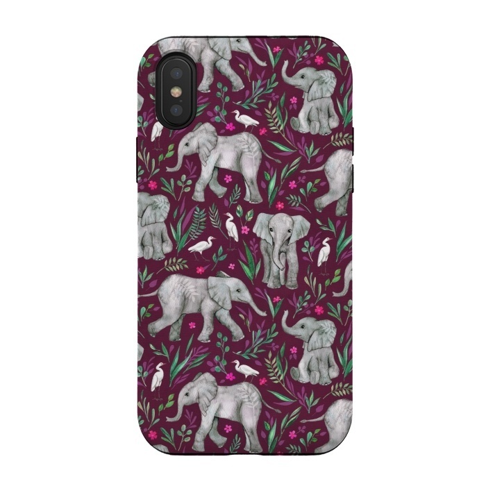 iPhone Xs / X StrongFit Little Watercolor Elephants and Egrets on Burgundy Red by Micklyn Le Feuvre