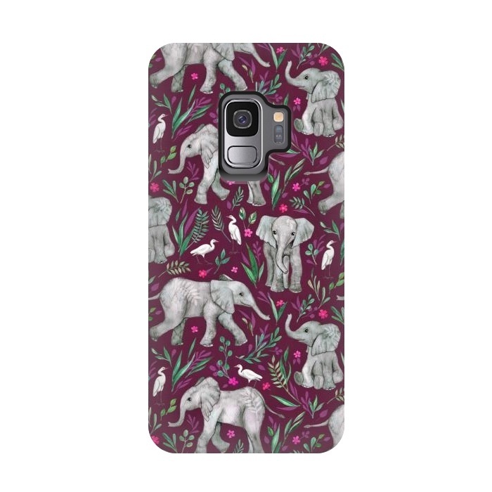Galaxy S9 StrongFit Little Watercolor Elephants and Egrets on Burgundy Red by Micklyn Le Feuvre